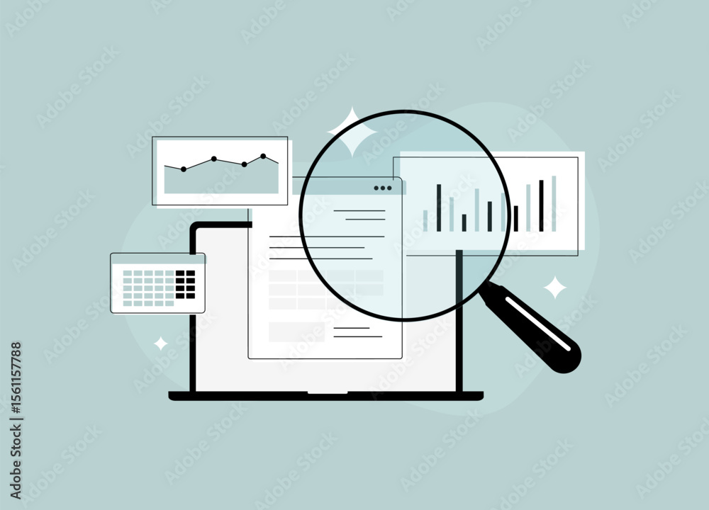 Poster data analysis on laptop screen with magnifying glass, charts and performance metrics for data analys