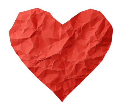 Textured red heart symbol with wrinkled paper effect isolated on transparent background