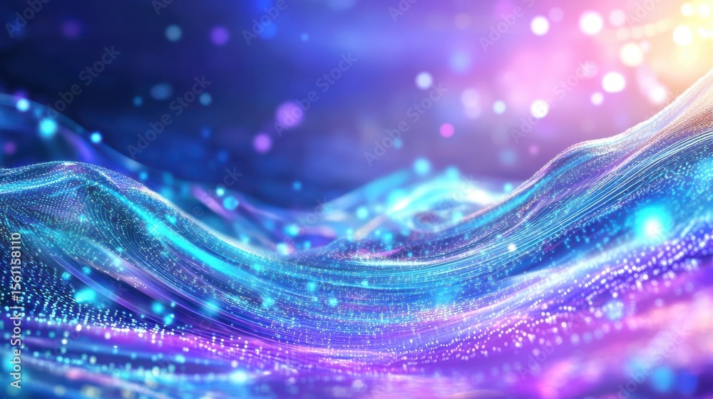Poster abstract digital landscape with glowing particles and waves