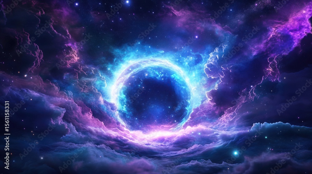 Poster glowing ring-shaped nebula in cosmic clouds of space