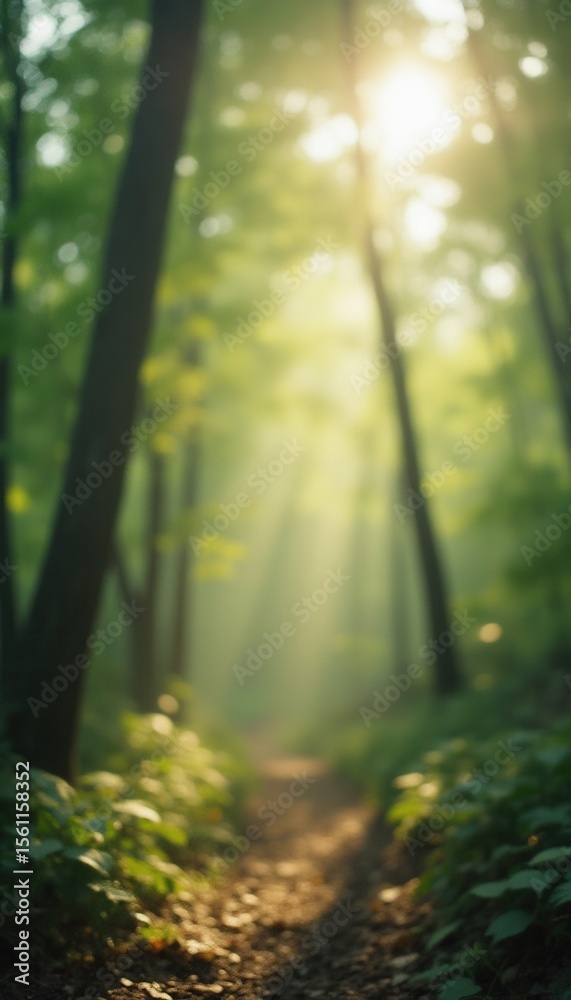 Poster serene forest path surrounded by lush trees and foliage