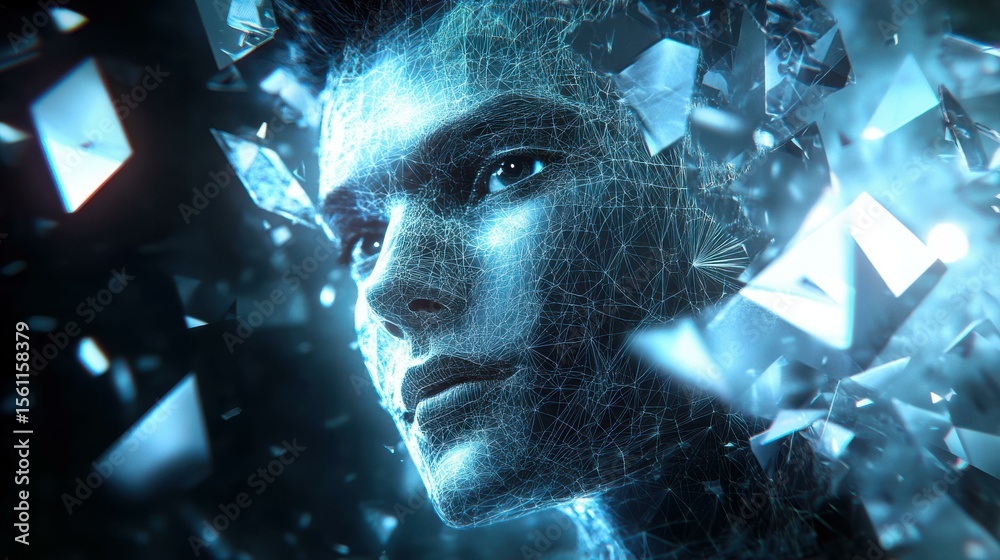 Poster young man with fragmented digital face in abstract environment
