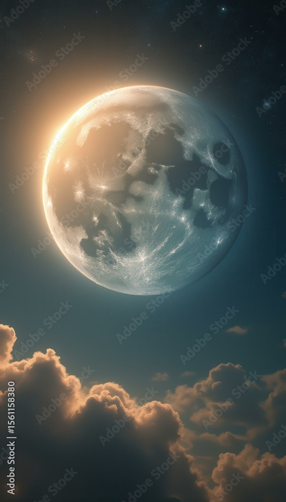 Poster moon partially illuminated in serene night sky with clouds