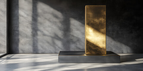 Minimalist Golden Sculpture in Concrete Interior with Sunlight and Shadows

