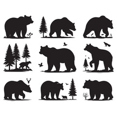 bear silhouettes vector, set of animals Brown grizzl Black vector