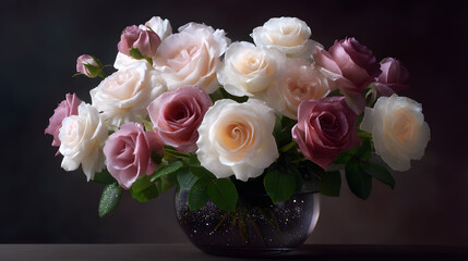 Obraz premium Rose Bouquet in a Vase: A vibrant bouquet of multi-colored roses, arranged artfully in a transparent vase, exudes timeless beauty against a soft backdrop, with each petal whispering tales of elegance.