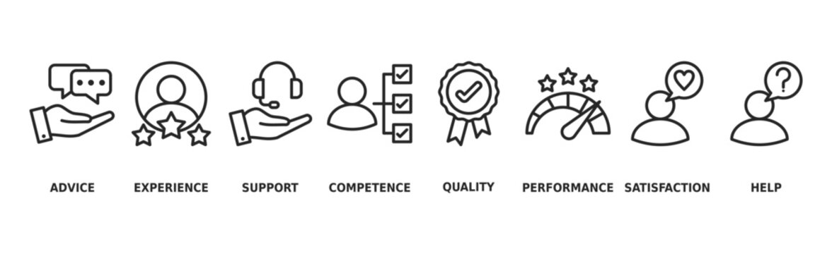 Service banner web icon vector illustration concept for customer and technical support with icon of advice, experience, support, competence, quality, performance, satisfaction, help, and call center