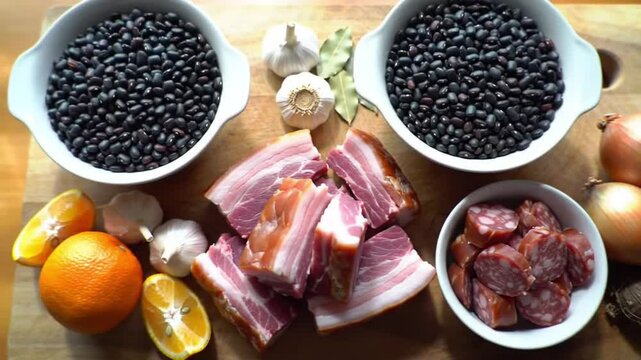 Culinary Palette: A vibrant assortment of ingredients, including dried beans, garlic cloves, tender bacon strips, vibrant oranges, and savory sausage, lay on the wood surface.