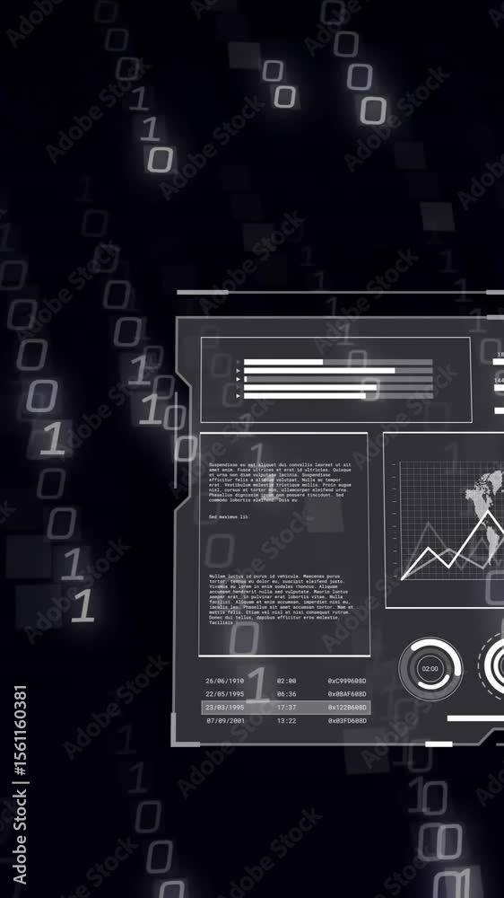 Aufkleber Animation of binary coding over data processing and diagrams with globe
