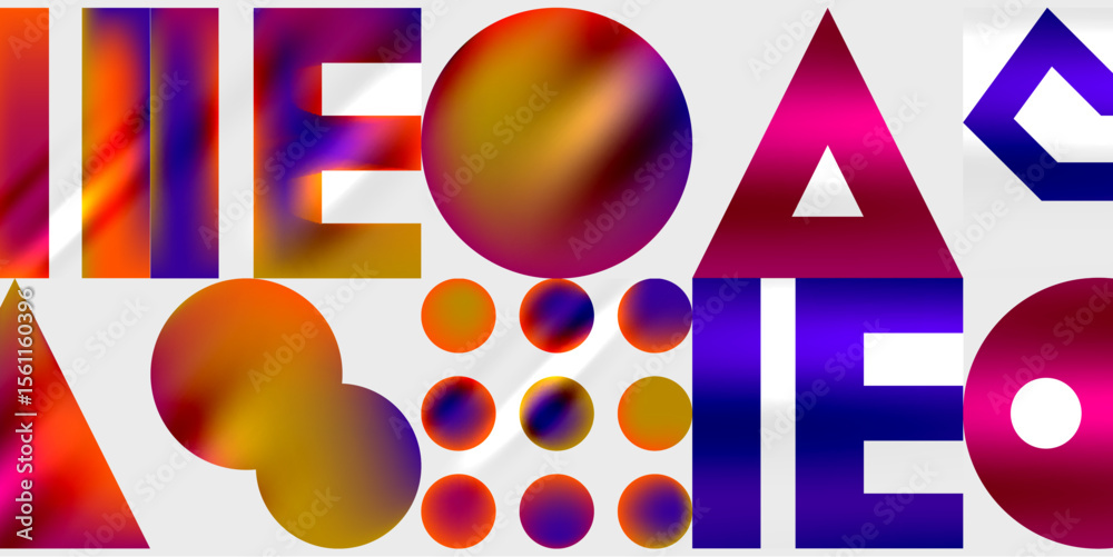 Poster abstract composition featuring colorful geometric shapes, circles, triangles, text elements against 