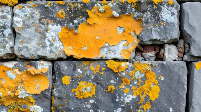 Close Up Gray Stone Wall With Patches Of Orange Lichen