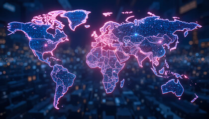 Glowing world map with digital circuit pattern in blue and pink on a dark blurred background