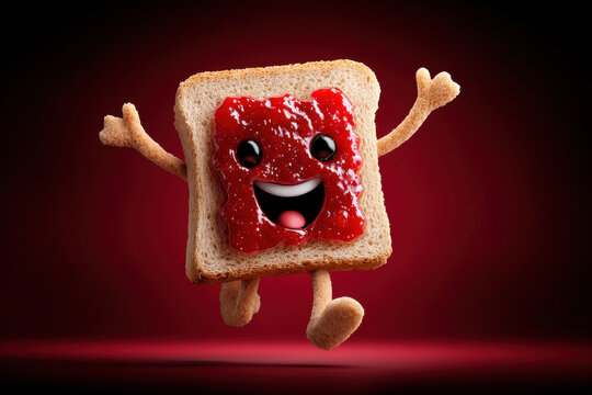Happy toast character topped with bright red jam, wide smile and expressive eyes for a fun illustration