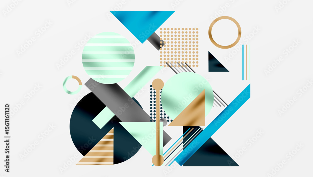 Poster abstract geometric shapes overlap. teal, gold, gray hues dominate composition. modern design element