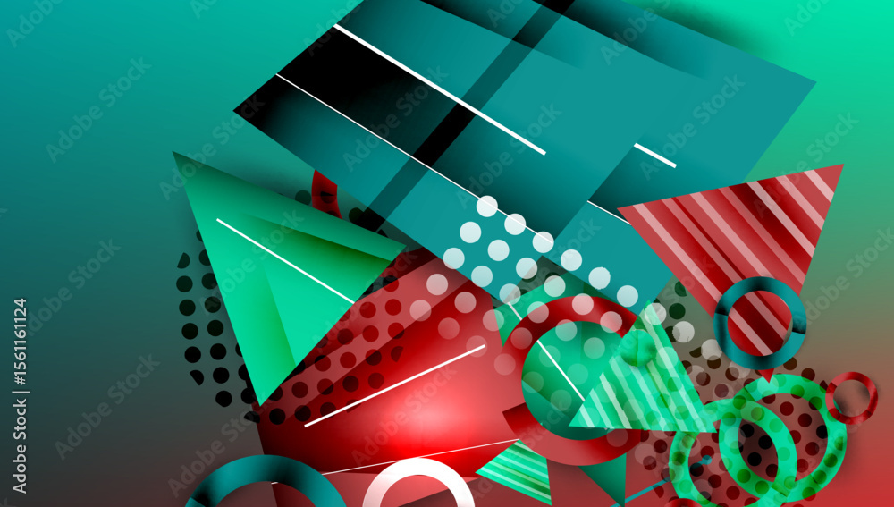 Aufkleber Abstract geometric composition. Shapes overlap, creating dynamic visual effect. Teal, red, white dominate color scheme. Modern design.