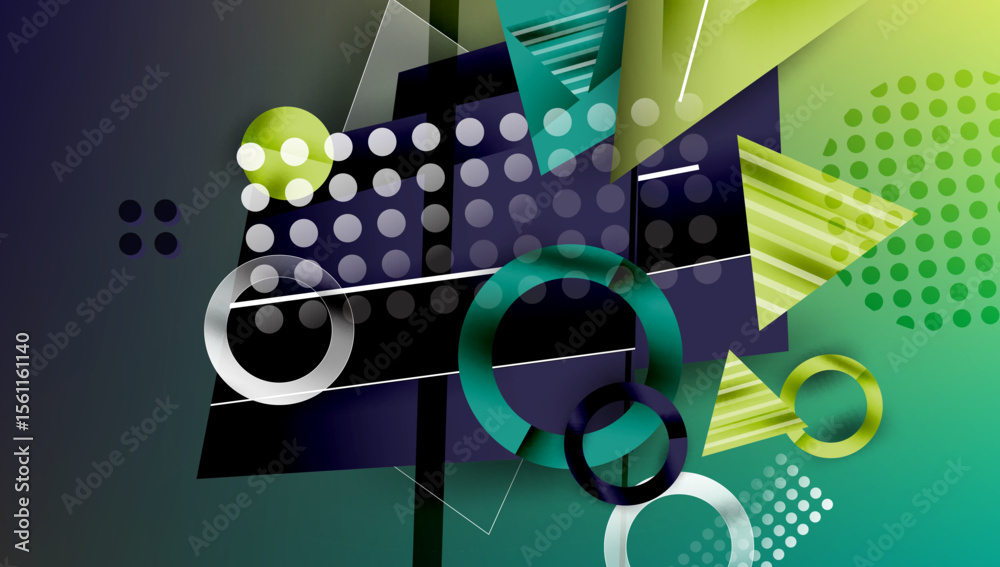 Poster abstract composition. geometric shapes overlap, creating dynamic visual experience. green, purple hu