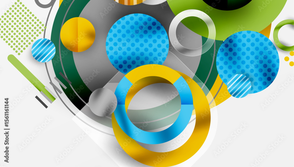 Poster Abstract geometric design. Circles, lines, shapes overlap creating modern visual composition. Bright colors dominate background.