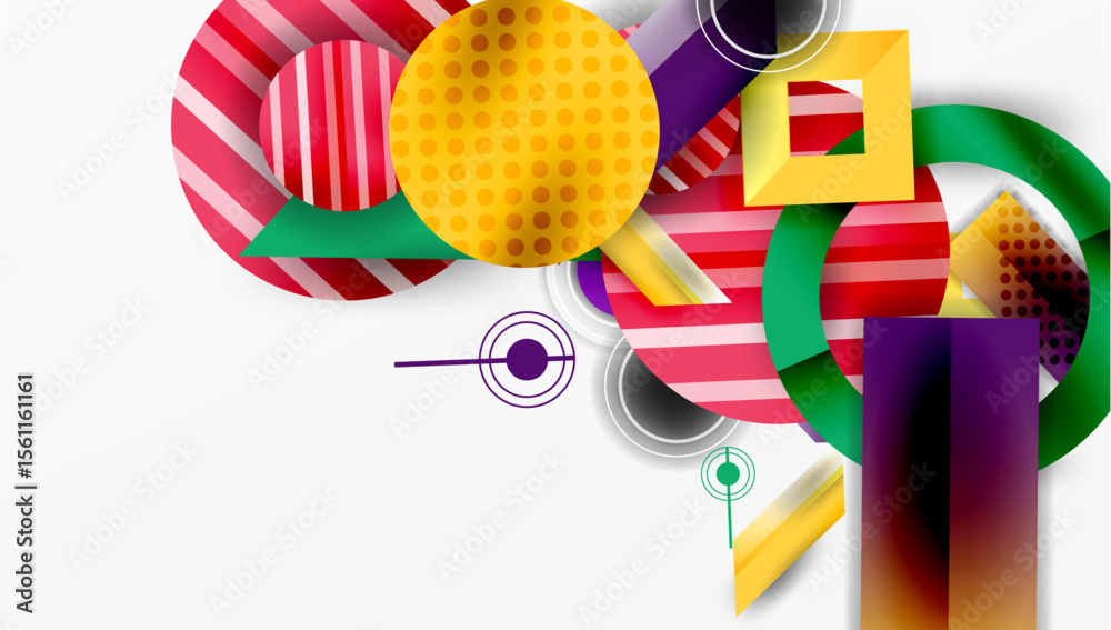 Poster abstract geometric shapes overlap, creating vibrant colorful composition. stripes, circles, rectangl