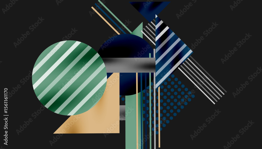Poster Abstract geometric composition. Shapes overlap, creating dynamic visual interest. Colors include blues, greens, gold, grays. Modern design.