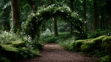 Enchanted Pathway: A nature path leads beneath a floral archway, shrouded in a dreamy, flourishing forest, creating a portal into a fairy tale. 