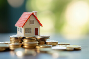 A miniature house rests atop a stack of gold and silver coins, symbolizing real estate investment and financial growth.