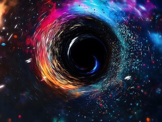 Abstract black hole draws glowing particles inward, surrounded by vibrant colorful event horizon distortion.