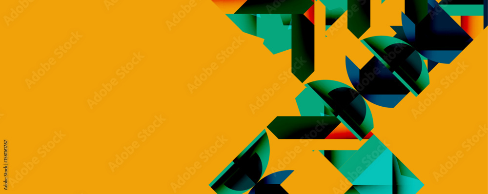 Poster abstract geometric design. orange background contrasts with fragmented blue, green shapes. modern, d