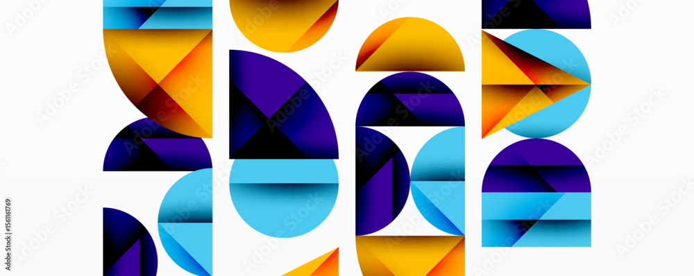 Poster Abstract geometric composition. Colorful shapes overlap, creating dynamic visual rhythm. Modern design, clean lines, vibrant hues.