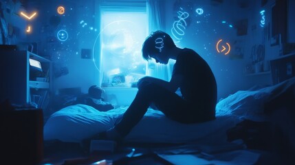22.A sad teenager sitting on the edge of a bed in a cluttered room, a glowing low battery icon and small spiraling stress symbols floating above their head, suggesting fatigue.