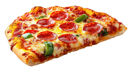 Sliced pizza pepperoni, cheese, peppers on golden crust