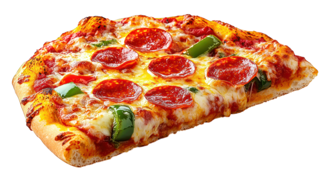 Sliced pizza pepperoni, cheese, peppers on golden crust