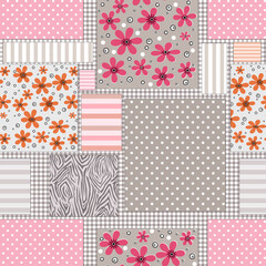 Gray with pink patchwork quilt retro rustic patchwork

