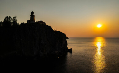 Aerial view of Split Rock Lighthouse at scenic golden sunrise