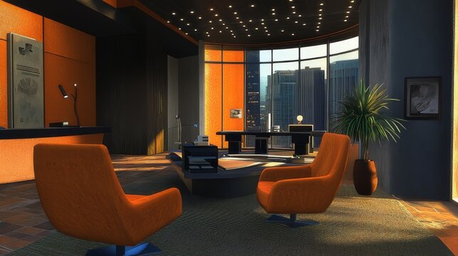 Contemporary open-plan office with minimalist white and blue interior design, large windows, natural light, and collaborative workspace layout for modern business environment




