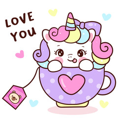 cute unicorn cartoon fairytale pony  in coffee mug birthday card