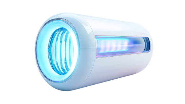 • A portable air purifier with UV light sterilization feature, isolated on white background in HD 