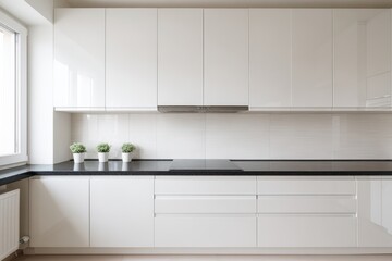 Fototapeta premium Modern kitchen interior featuring sleek white cabinetry, black countertop, and minimalistic design elements, with potted plants adding a touch of greenery to the contemporary space