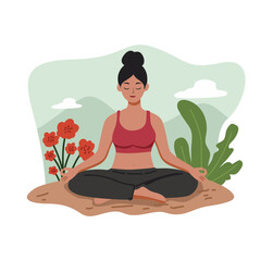 Calm Woman Meditating Outdoors in Red Top and Black Pants