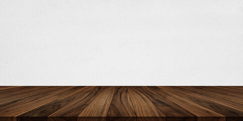 Dark wooden tabletop and worktop with clean white background, perfect for minimalist product mockups.