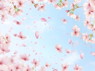 Soft pastel floral background with cherry blossoms gently falling on pale blue sky.