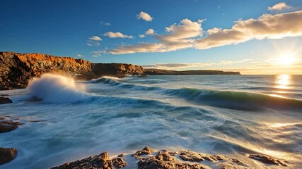 Ocean waves crashing against rocky coast during golden sunset with sun rays and clouds. Sea foam against cliffs creates dynamic, scenic vista with warm colors - Powered by Adobe