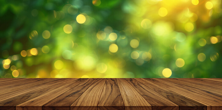 Wooden worktop with soft green bokeh background and natural light, ideal for product display.