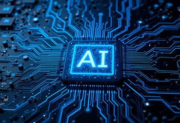 Illuminated ai chip on a circuit board with glowing blue lines and connections representing technology