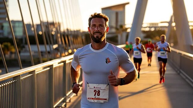 Male runner on a bridge at sunset giving a thumbs up during a race other runners in the background. Golden light, focused on the man, with a white shirt, black short and a race bib
