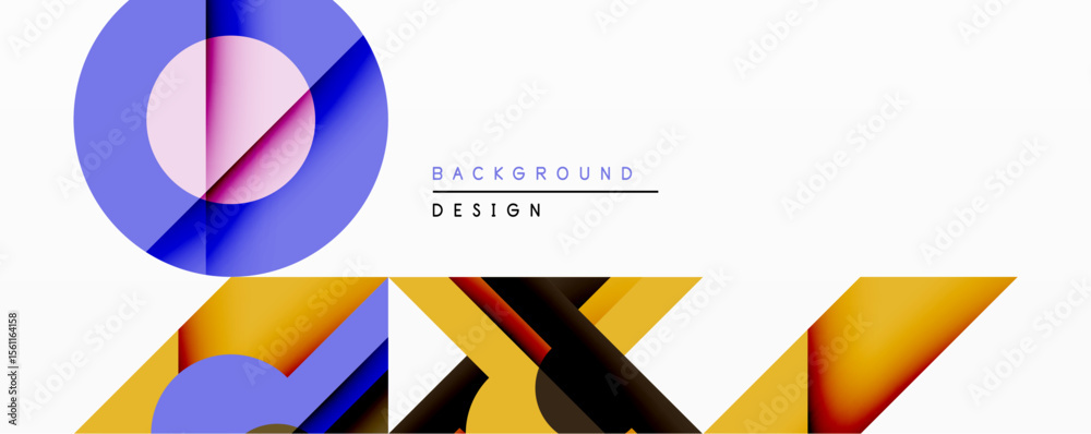 Poster Abstract geometric design features vibrant circles, triangles, overlapping shapes. Modern aesthetic with bold colors, clean lines, minimalist composition. Suitable background element.