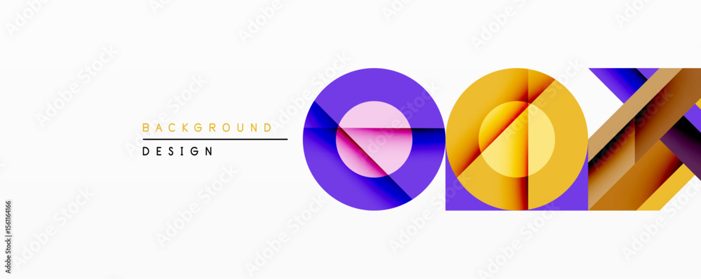 Poster Abstract geometric design features vibrant circles, squares, overlapping layers. Gradient colorspurple, yellow, orangecreate dynamic visual effect. Minimalist composition suitable for backgrounds.