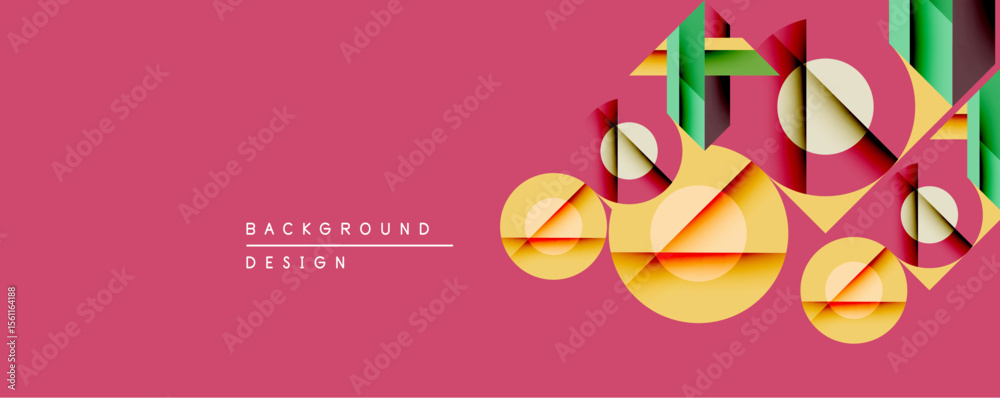 Poster Abstract geometric composition. Overlapping circles, rectangles create layered effect. Warm yellow, green hues contrast with pink backdrop. Modern design element.