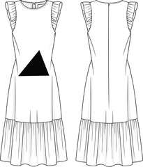 Flat technical CAD drawing vector illustration of sleeveless frill sleeve dress with tiered skirt stylish front back view design