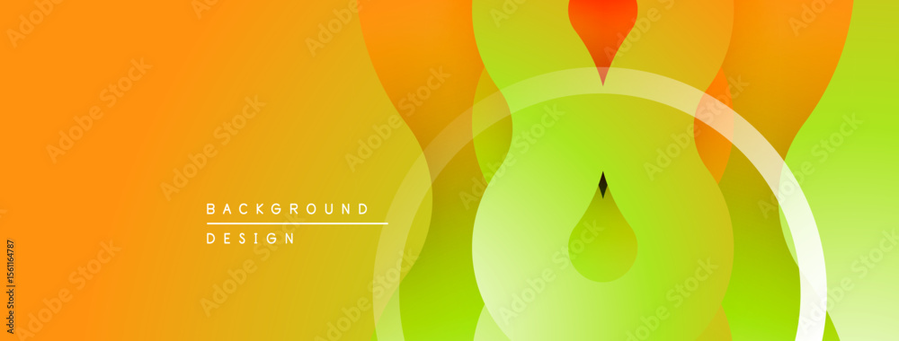 Poster abstract vibrant background. orange, yellow, green gradients create flowing shapes, circles, drops. 