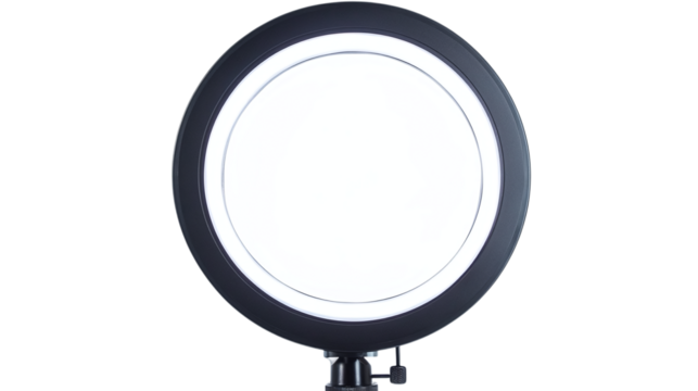 • A portable LED ring light with adjustable settings, isolated on white background in HD 